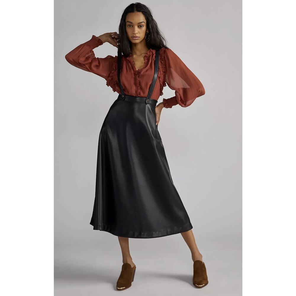 NWT Anthropologie Black Faux Leather Pinafore Skirt - Size 8